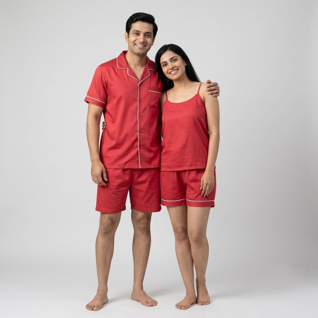 Cherry Red Satin couple night suit worn together