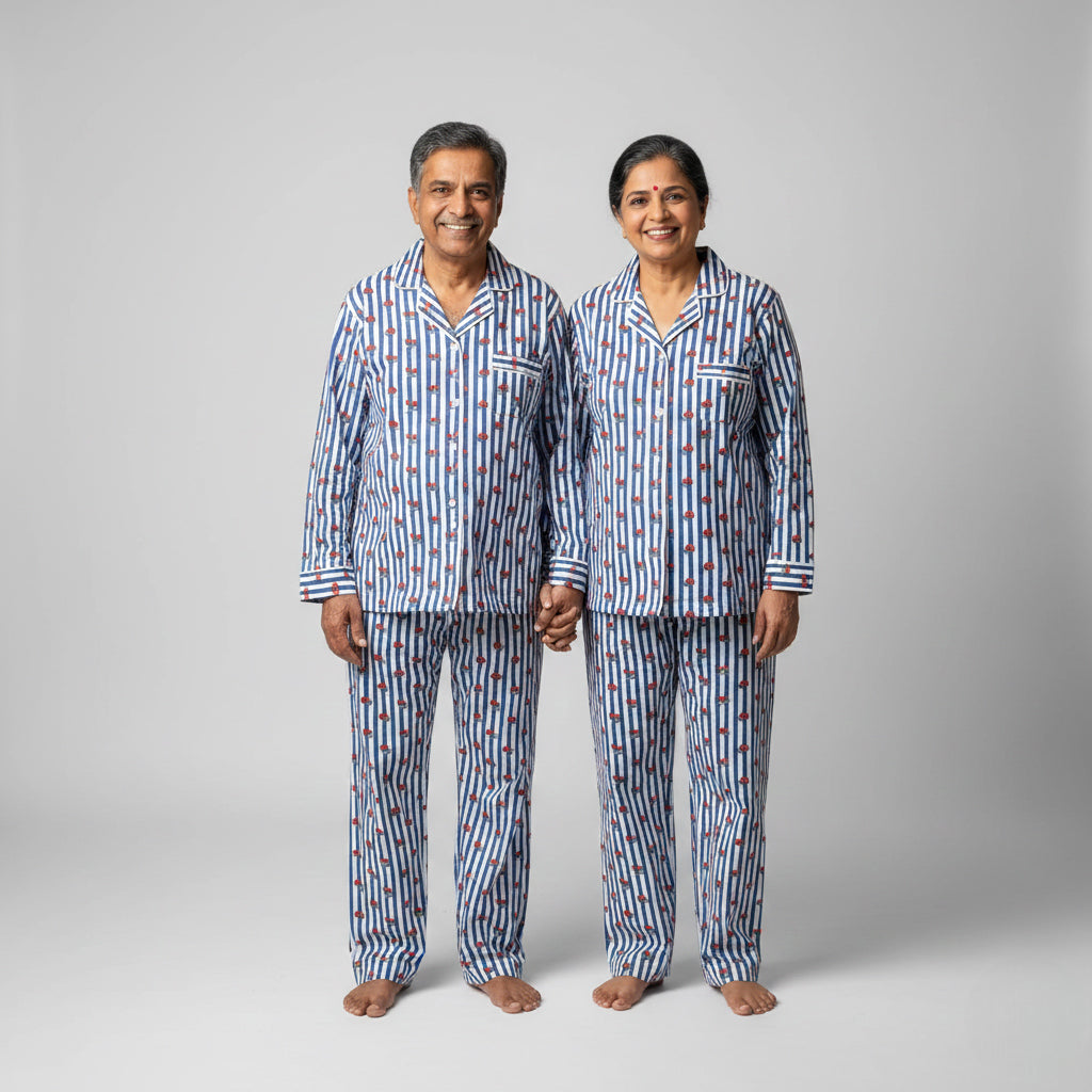 Elderly couple wearing cherry stripes matching pajamas, soft coordinated nightwear.