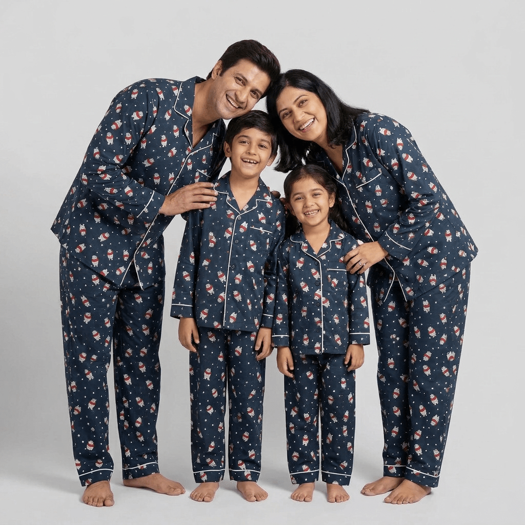 Chubby Polar Bear matching family pajamas worn together