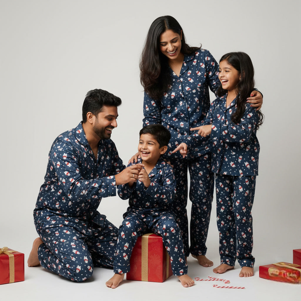 Family dressed in chubby polar bear print matching pajama set, standing and smiling.