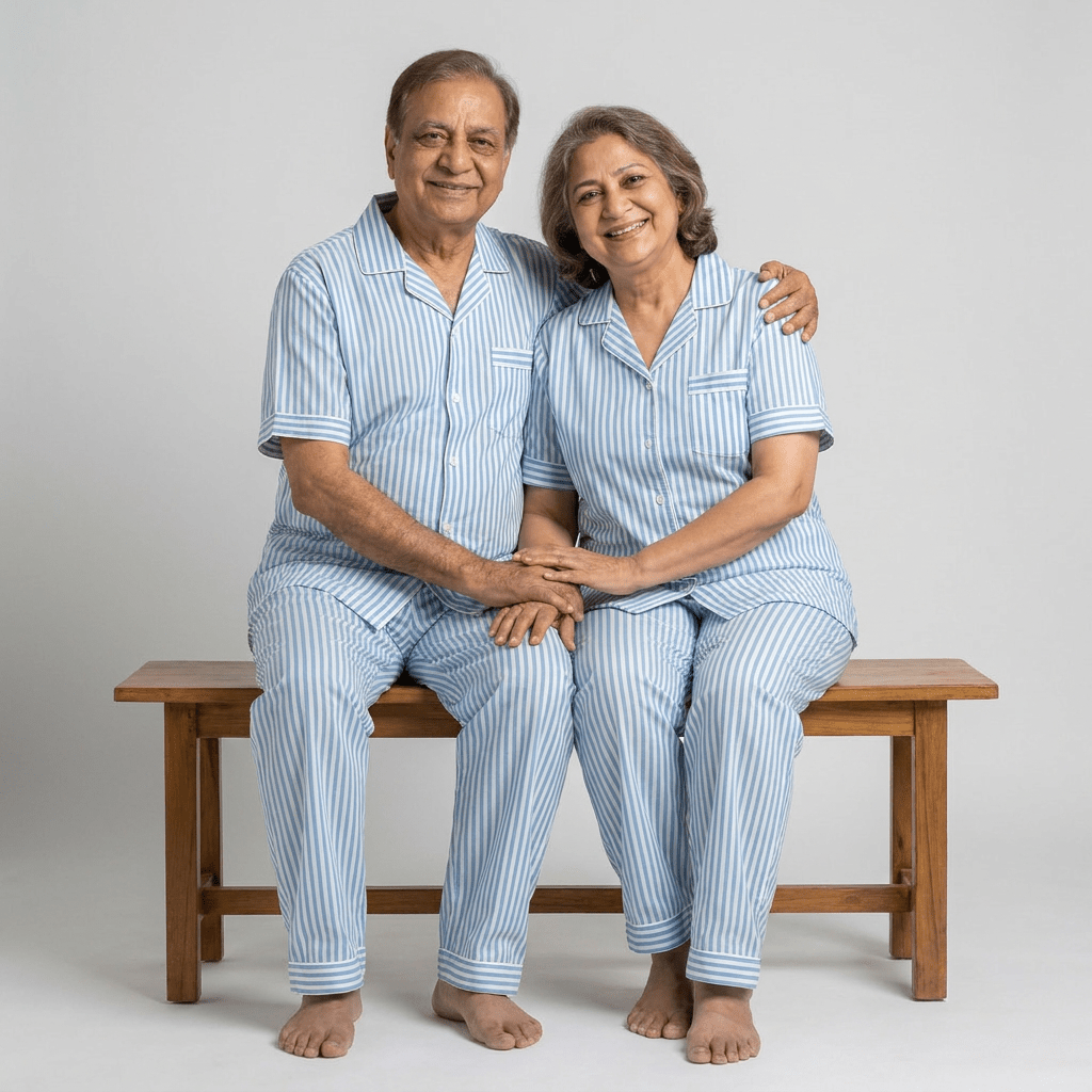 Aqua Blue Stripes matching half-sleeve night suit for dada and dadi, styled together