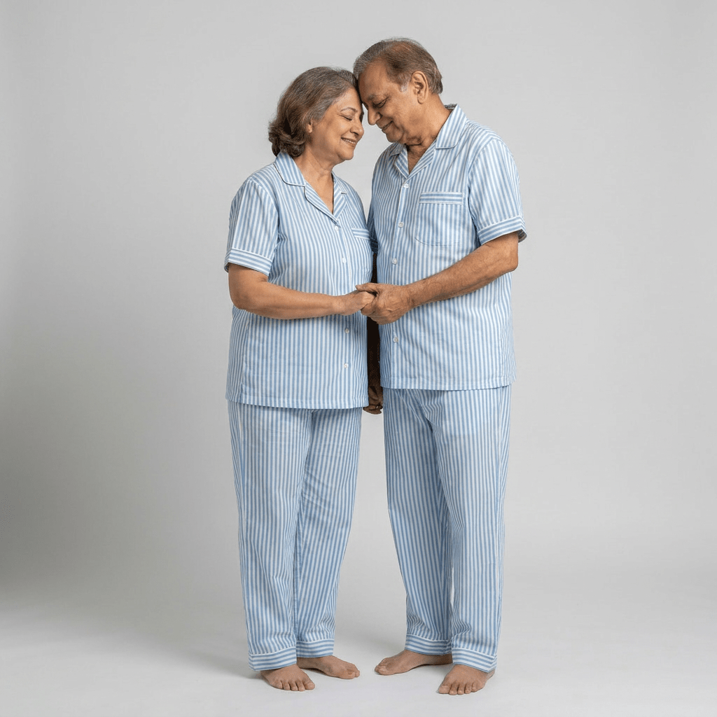 Your parents twinning in Aqua Blue Stripes half-sleeve night suit by Pajama Tribe