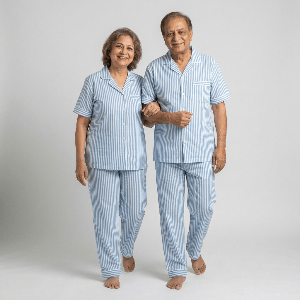 Dada and dadi in matching Aqua Blue Stripes half-sleeve night suit