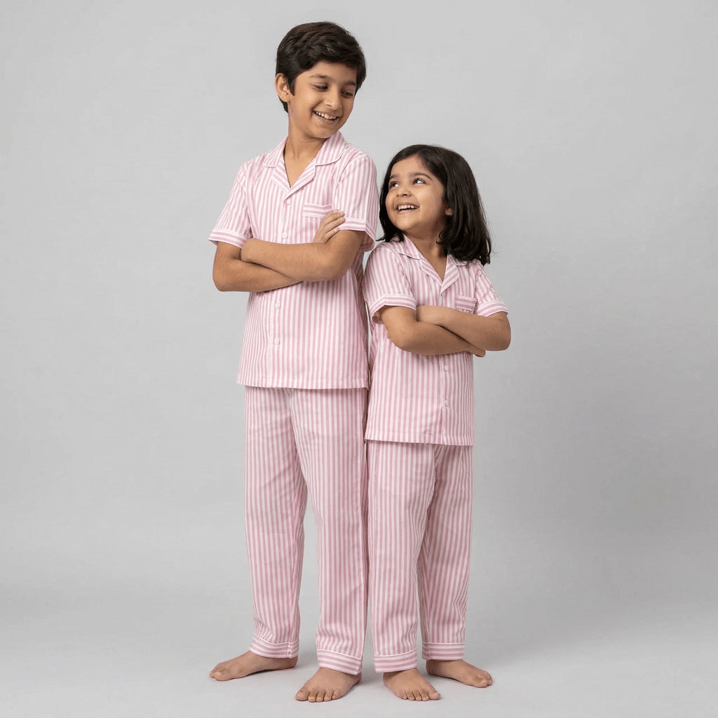Big sib and little sib in matching Baby Pink Stripes half-sleeve night suit
