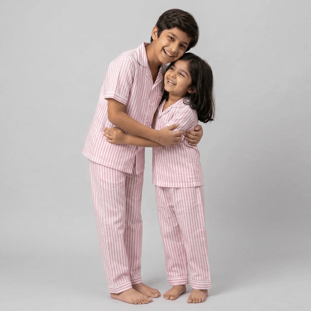 Baby Pink Stripes bro and sis pajama set worn together