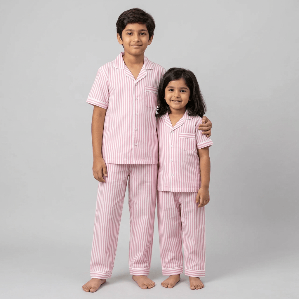 Matching Baby Pink Stripes half-sleeve night suit for the siblings