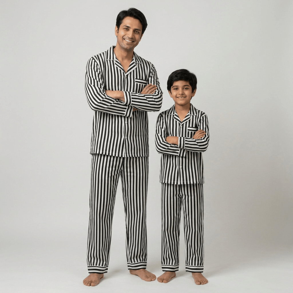 Father and son in matching Black Stripes full-sleeve night suit