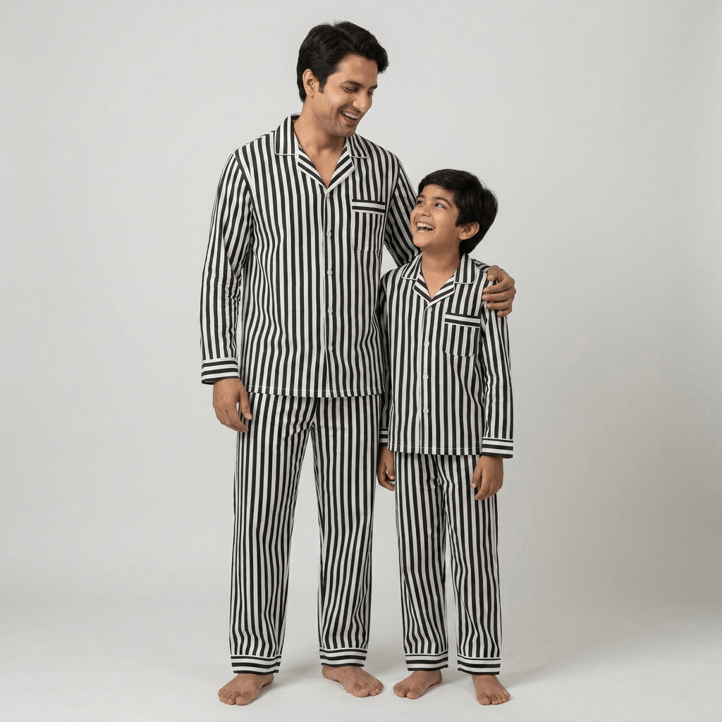 Black Stripes dad and son matching pajamas worn together