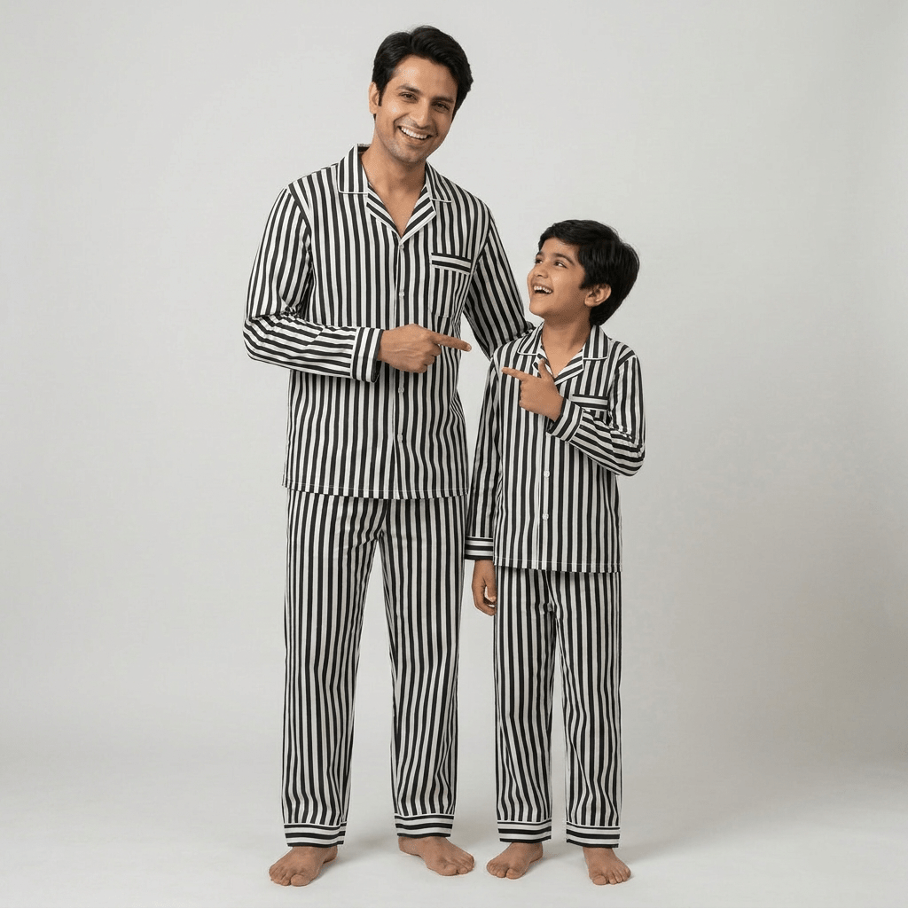 Matching Black Stripes full-sleeve night suit for dad and son