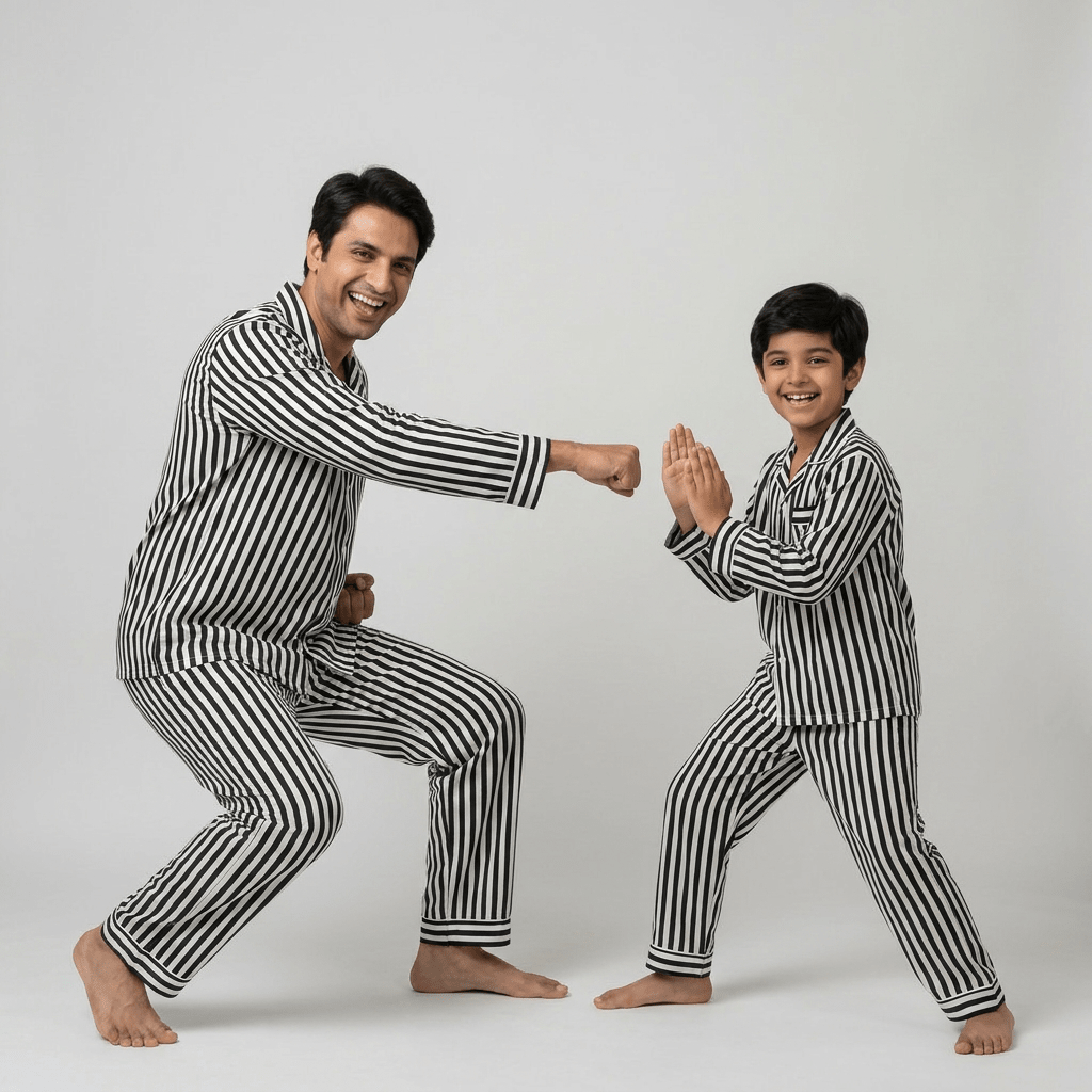 Dad and son twinning in Black Stripes full-sleeve night suit by Pajama Tribe