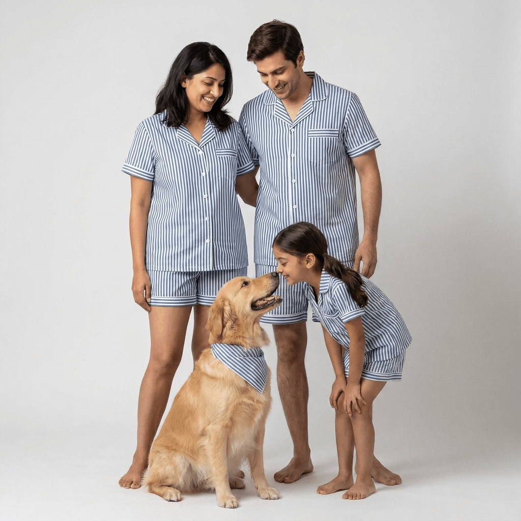 The whole family in matching Blue Stripes Pup shorts set