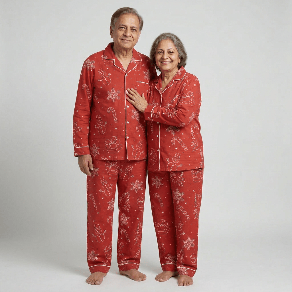 Classic Christmas Sketch grandparents matching night suit worn together