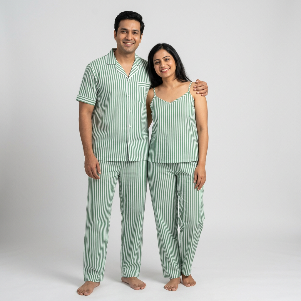Him and her in matching Green Classic Stripes night suit