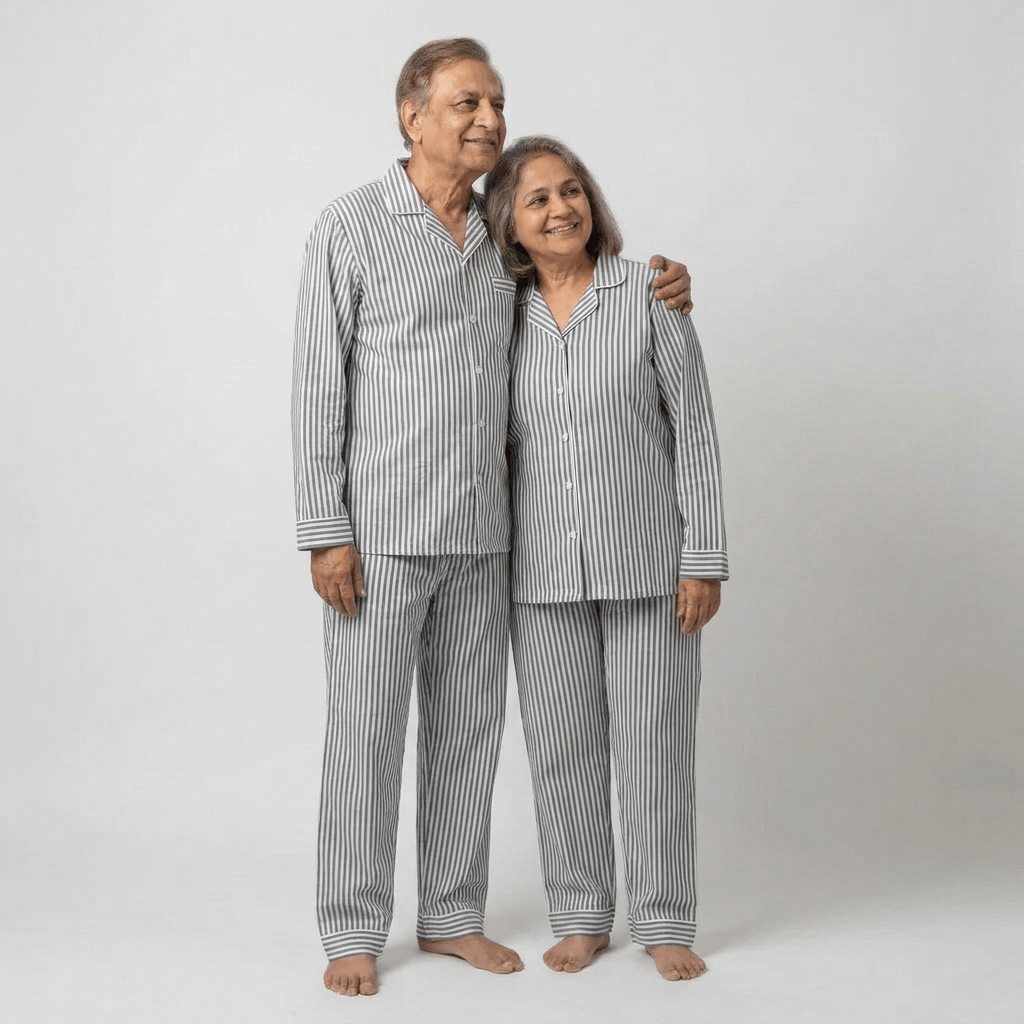 Your parents twinning in Grey Stripes full-sleeve night suit by Pajama Tribe