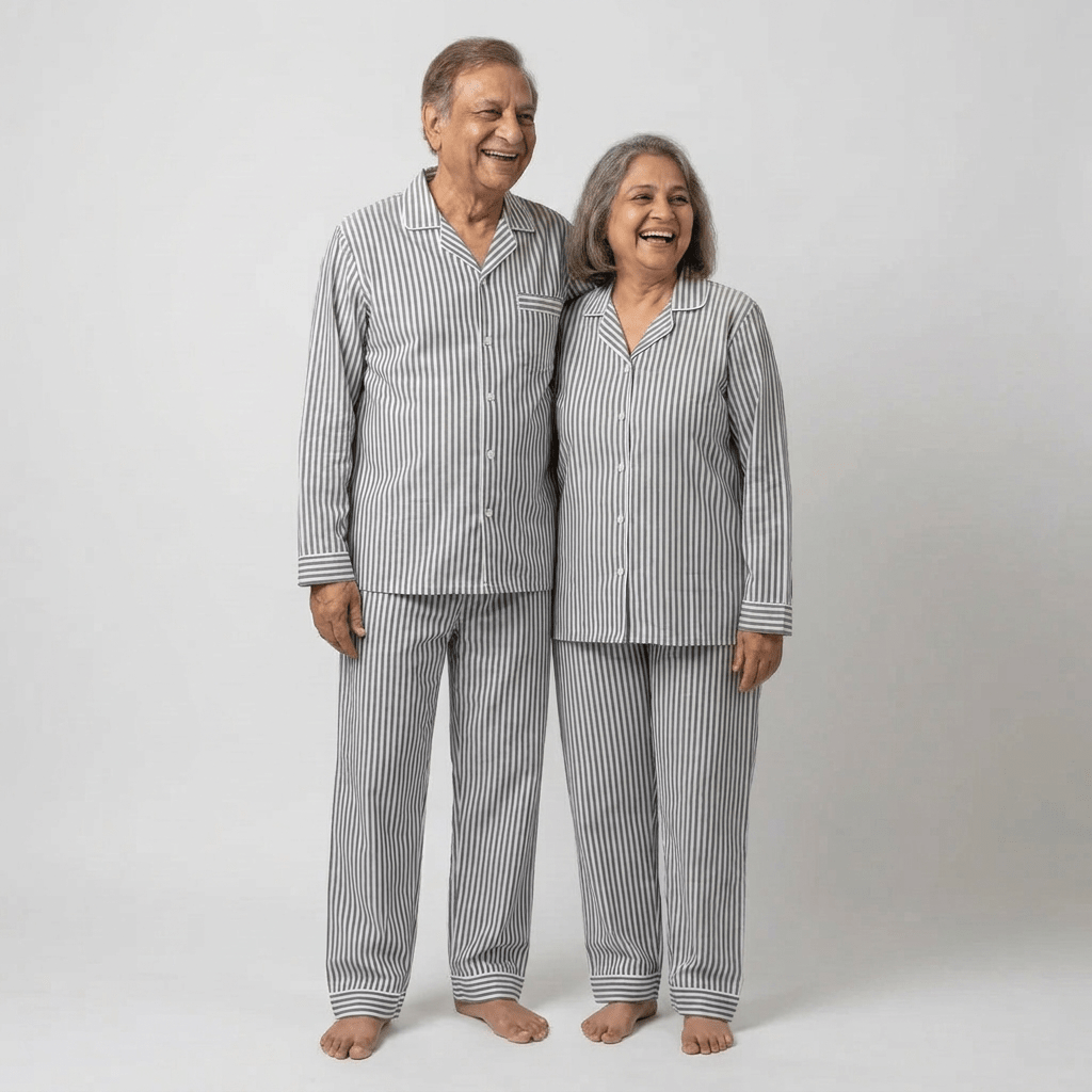 Grey Stripes matching full-sleeve night suit for dada and dadi, styled together