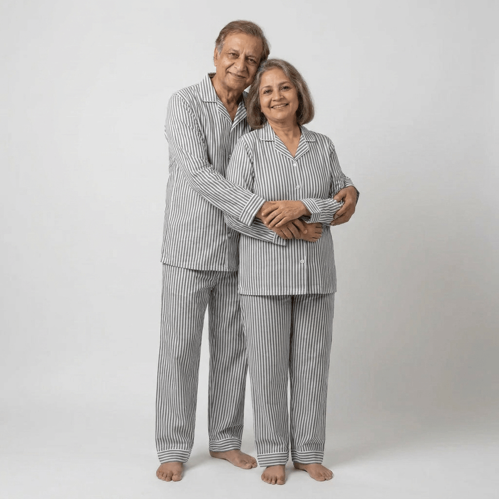 Matching Grey Stripes full-sleeve night suit for dada and dadi