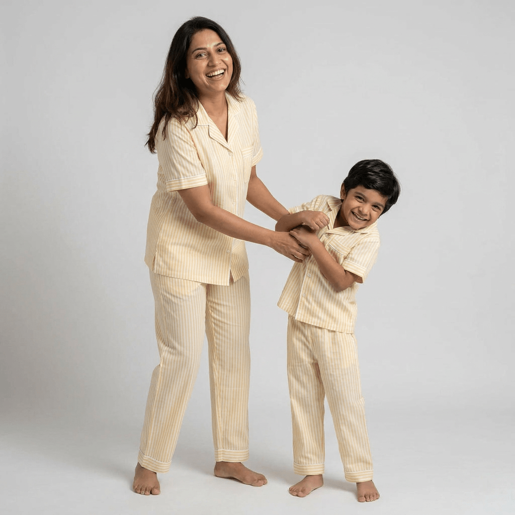 Mum and her boy in matching Pastel Yellow Stripes half-sleeve night suit