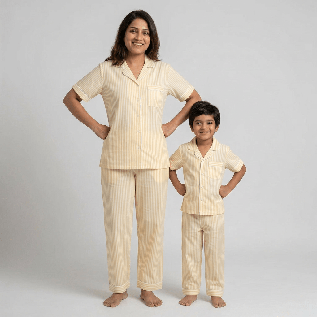 Matching Pastel Yellow Stripes half-sleeve night suit for mum and her boy