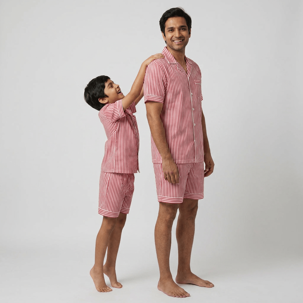 Dad and his mini-me twinning in Red Stripes shorts set by Pajama Tribe