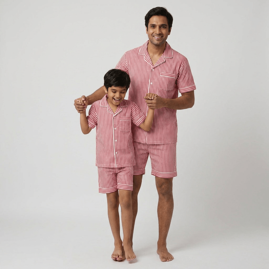 Red Stripes matching shorts set for dad and his mini-me, styled together