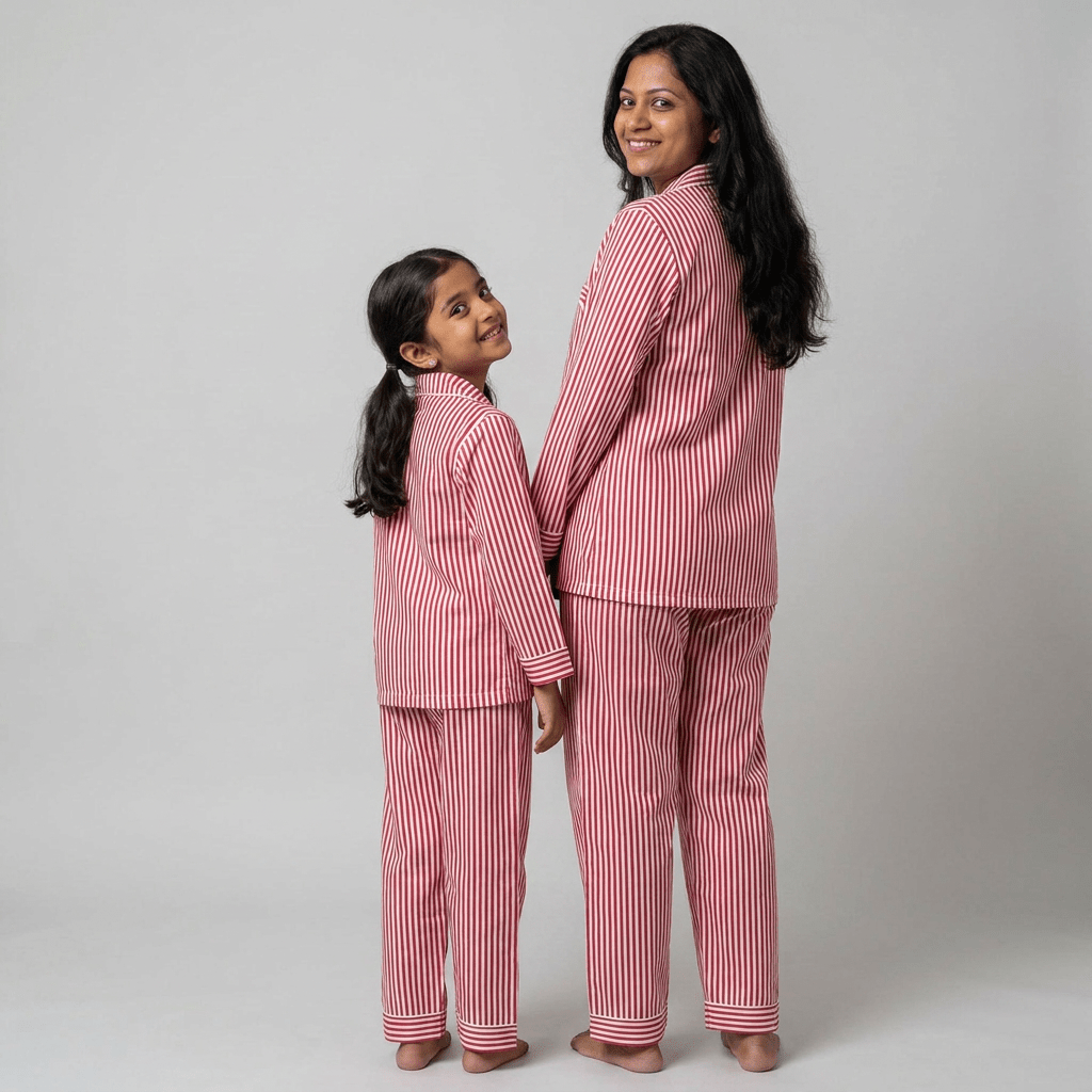Mom and daughter twinning in Red Stripes night suit by Pajama Tribe