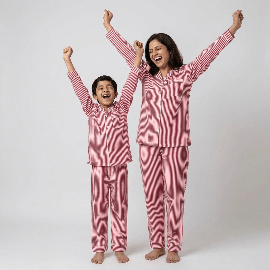 Mother and son twinning in Red Stripes full-sleeve night suit by Pajama Tribe