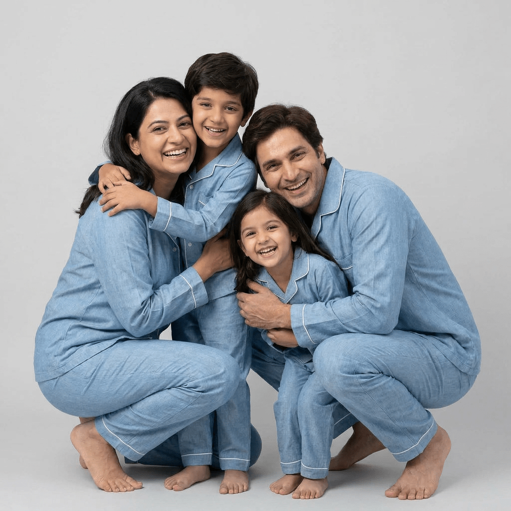Cloud Blue Denim matching family pajamas worn together