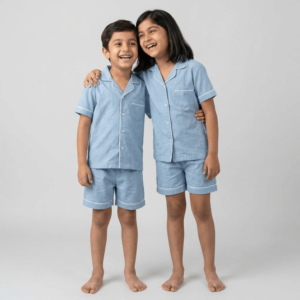 Matching Cloud Blue Denim tencel denim shorts set for the siblings