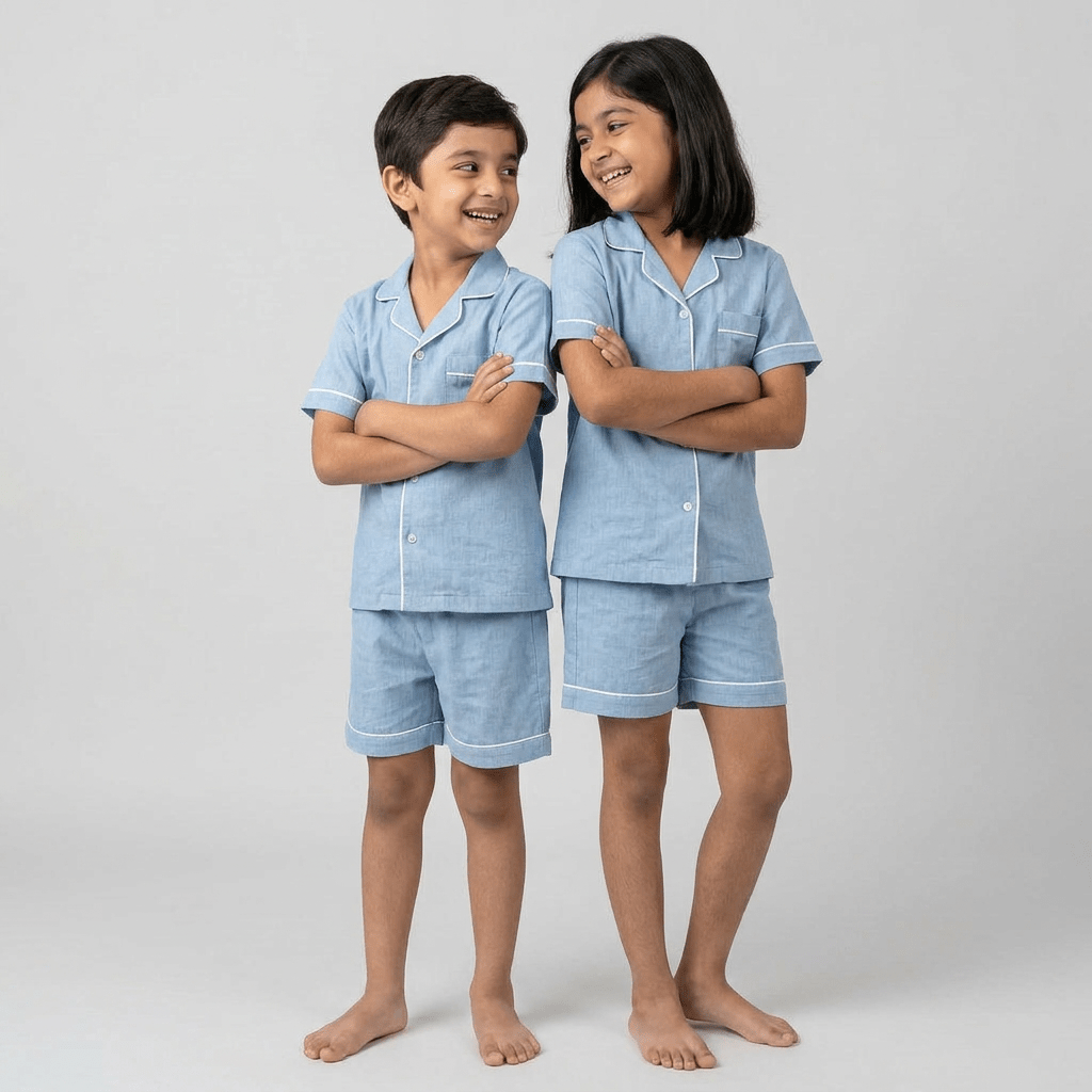 Cloud Blue Denim matching shorts set for big sib and little sib, styled together