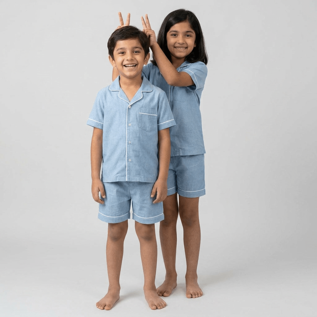 The siblings in matching Cloud Blue Denim shorts set