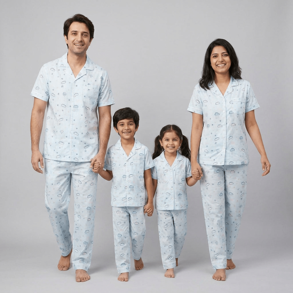 Parents and kids in matching Clouds In The Sky half-sleeve night suit