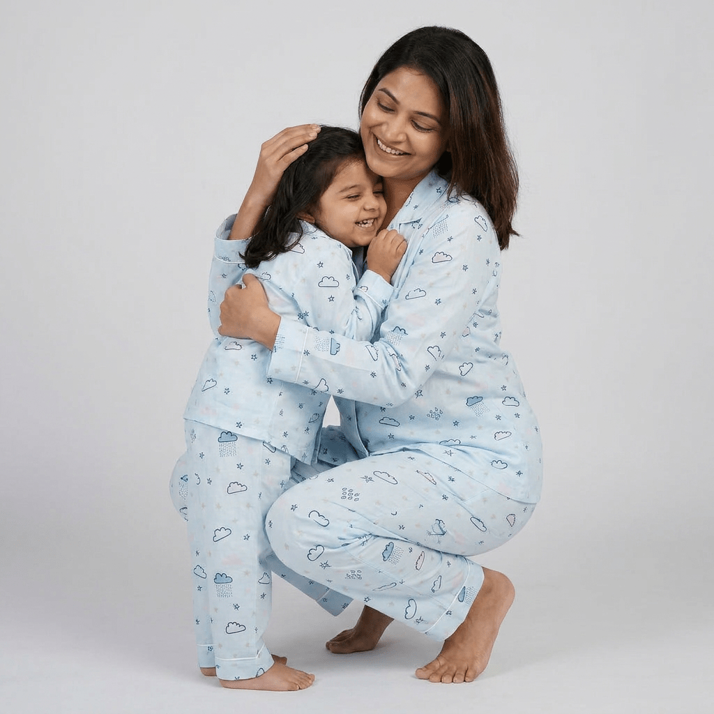 Clouds In The Sky matching full-sleeve night suit for mum and her mini-me, styled together
