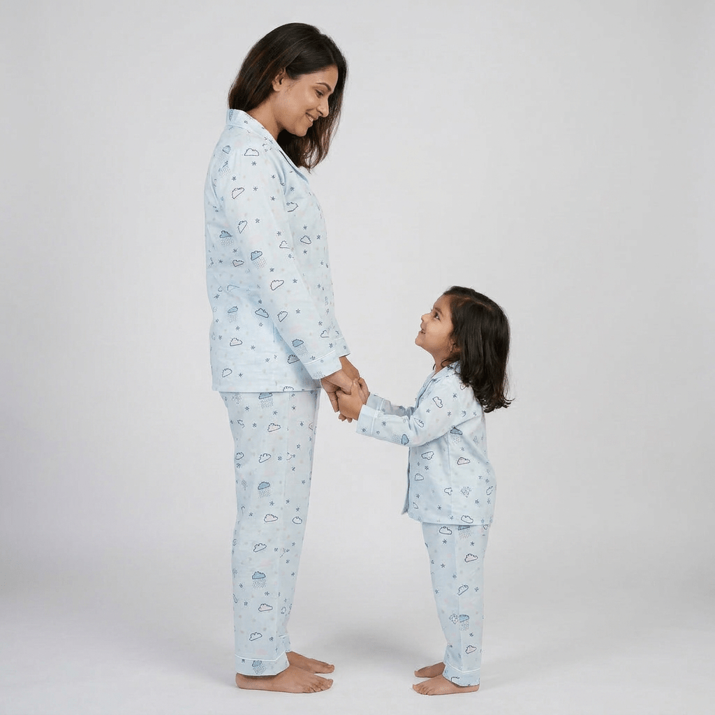 Mumma and her girl in matching Clouds In The Sky full-sleeve night suit