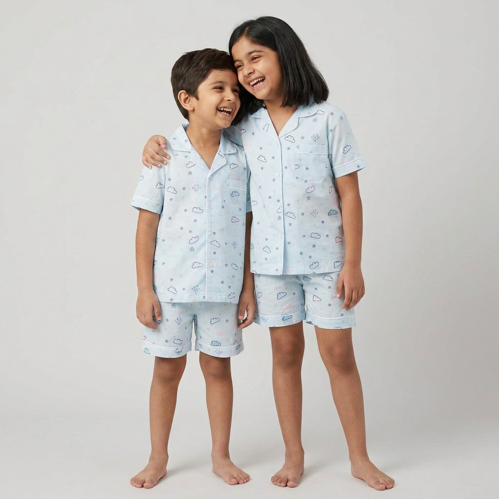 Big sib and little sib twinning in Clouds In The Sky shorts set by Pajama Tribe