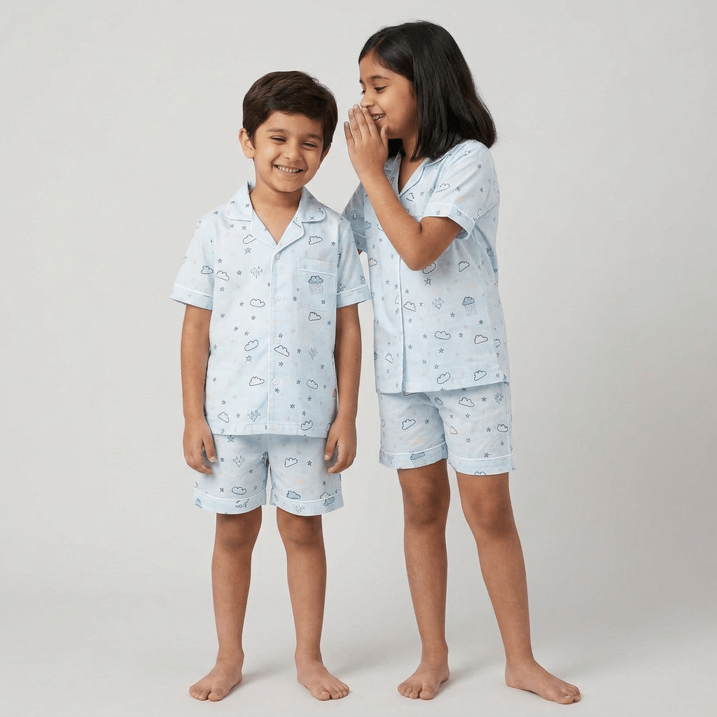 Clouds In The Sky matching shorts set for big sib and little sib, styled together