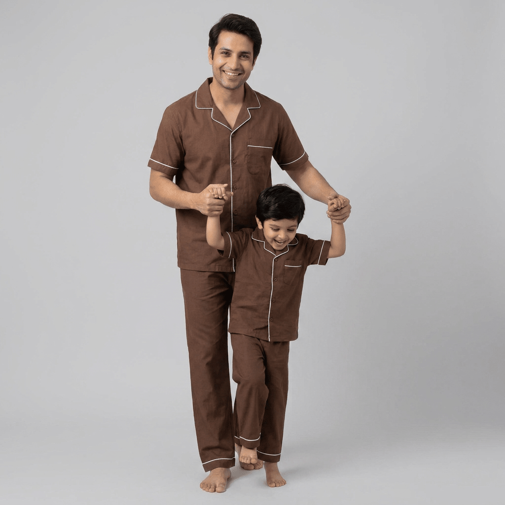 Matching Cocoa Brown half-sleeve night suit for papa and his boy