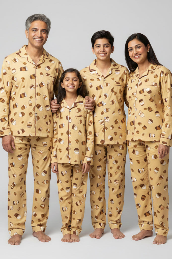 Coffee date comfort print family cotton night suit