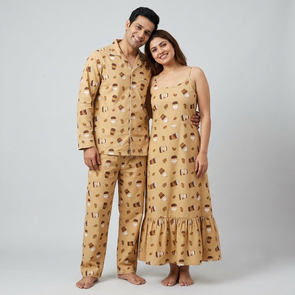 Coffee Date Comfort matching night suit for him and her, styled together