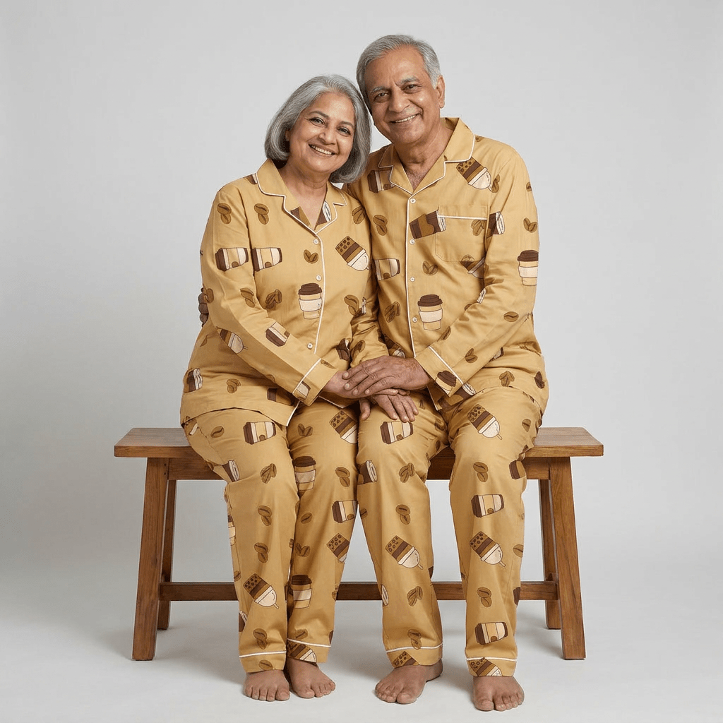Coffee Date Comfort grandparents matching night suit worn together