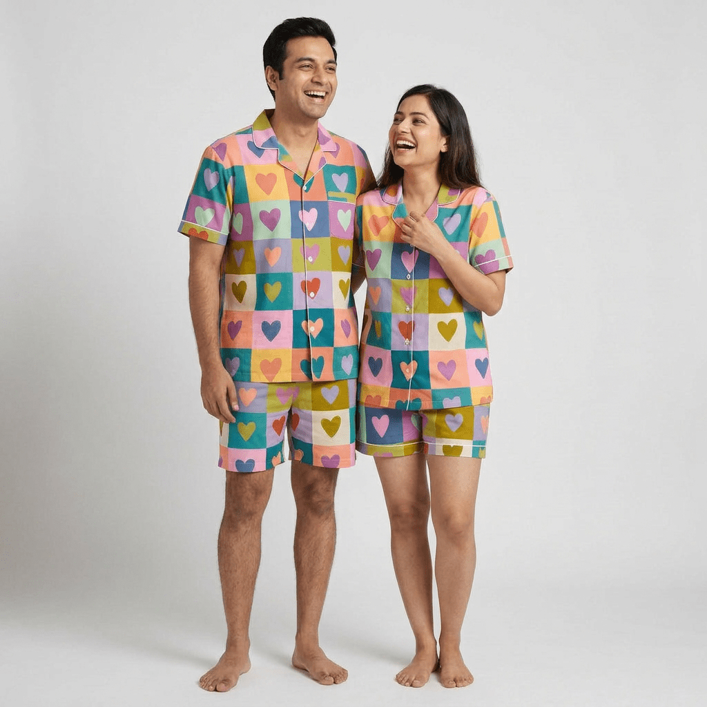 Matching Colour Block Hearts night suit for you and your partner