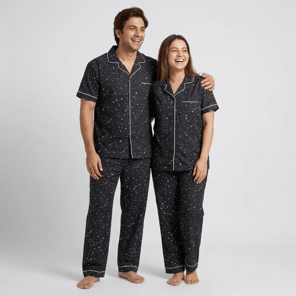 Constellation matching couple pajamas worn together
