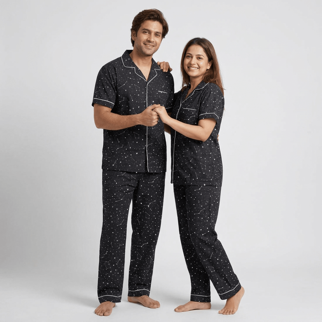 Him and her twinning in Constellation night suit by Pajama Tribe