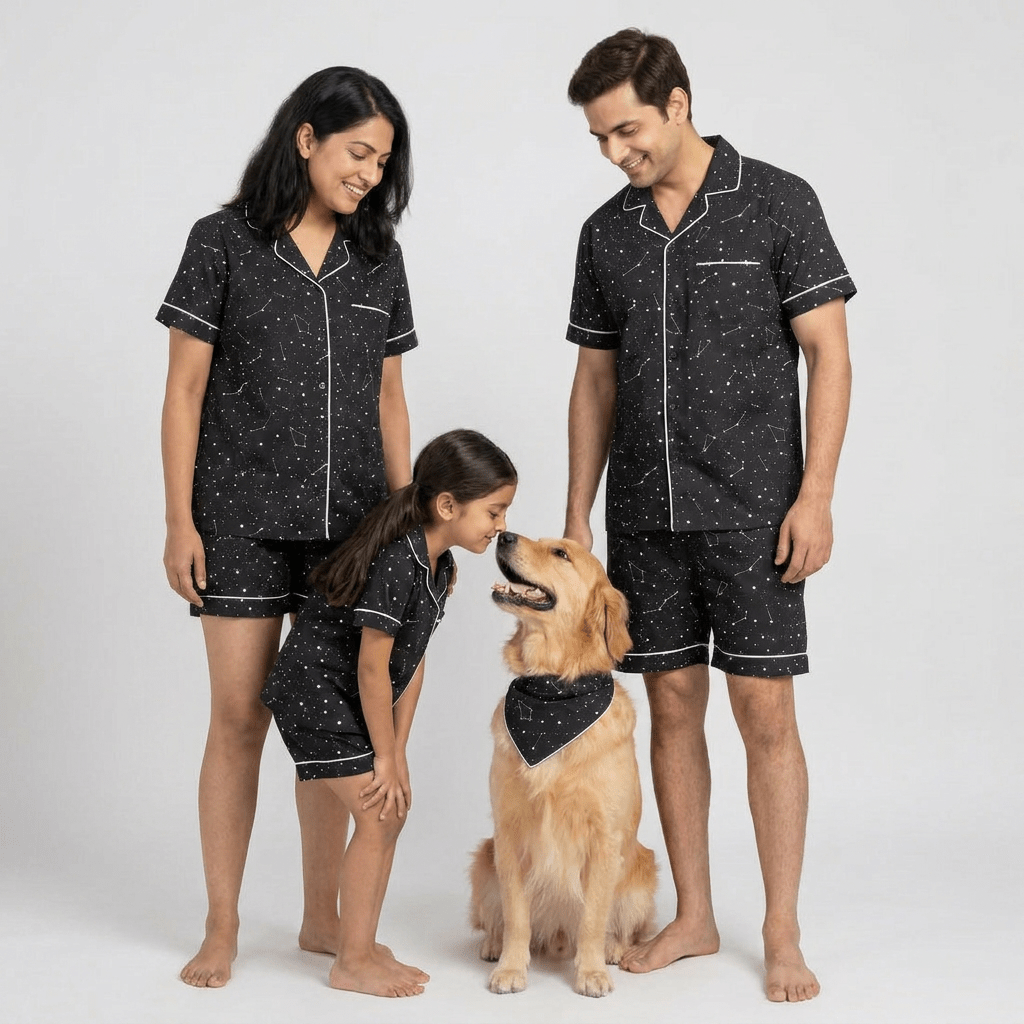 Mom, dad and the kids in matching Constellation shorts set