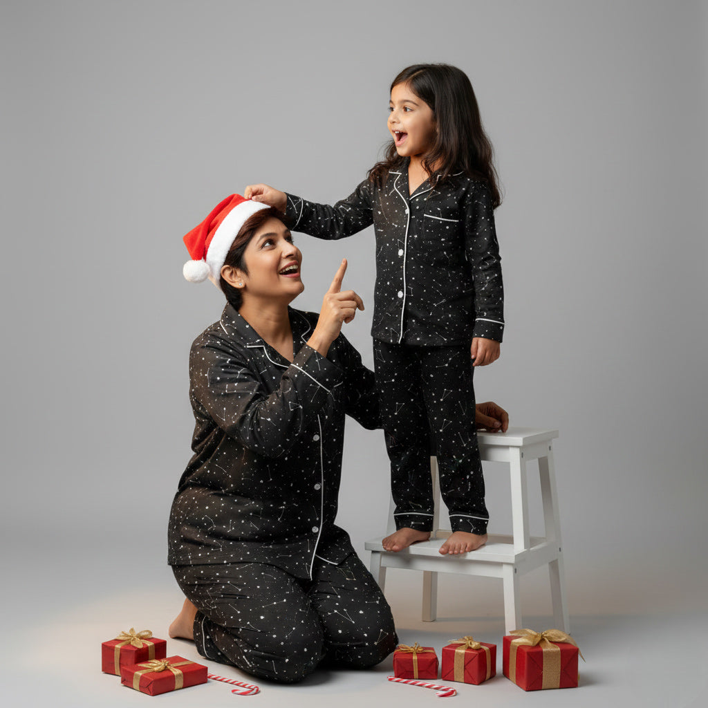Mother and daughter wearing constellation print matching pajamas, starry coordinated sleepwear.