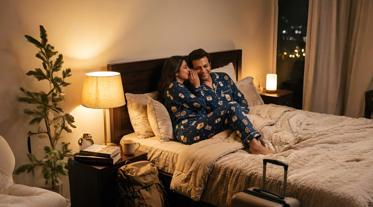 Couple relaxing together in matching pajamas after a day out.