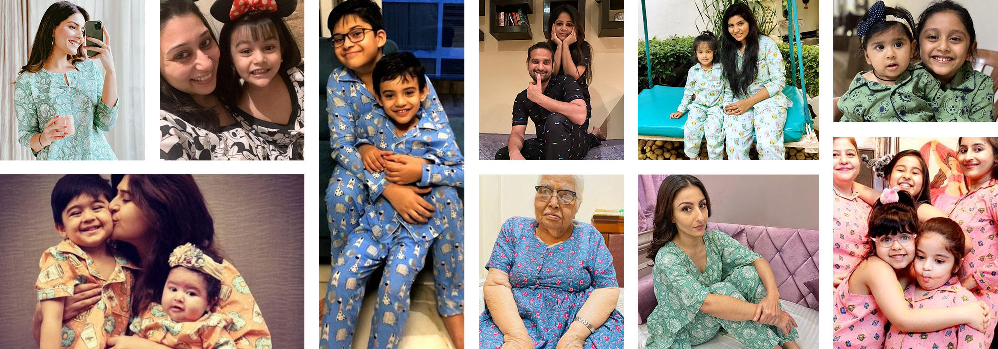 Collage of people wearing matching pajamas in various settings