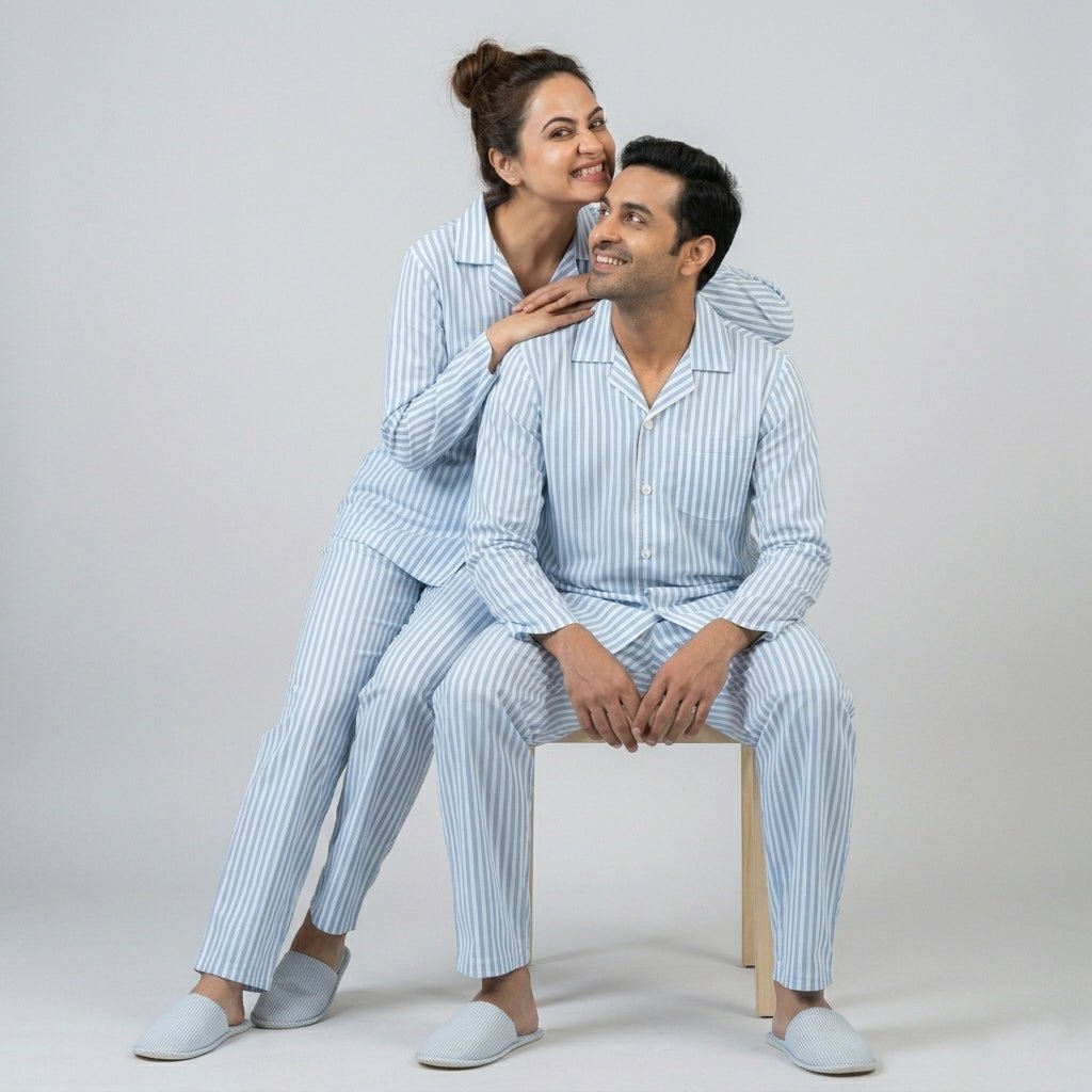 Aqua Blue Classic Stripes matching night suit for husband and wife, styled together