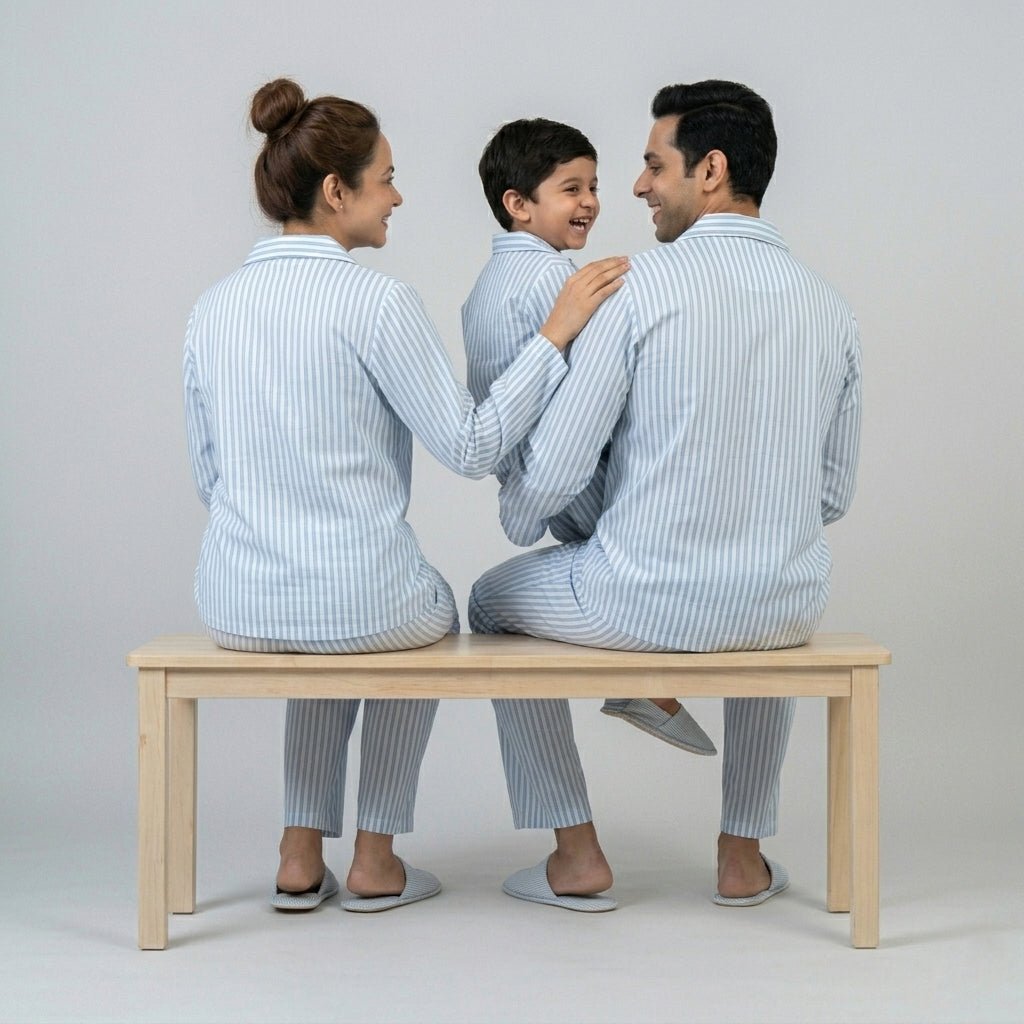 Matching Aqua Blue Classic Stripes night suit for the two of you