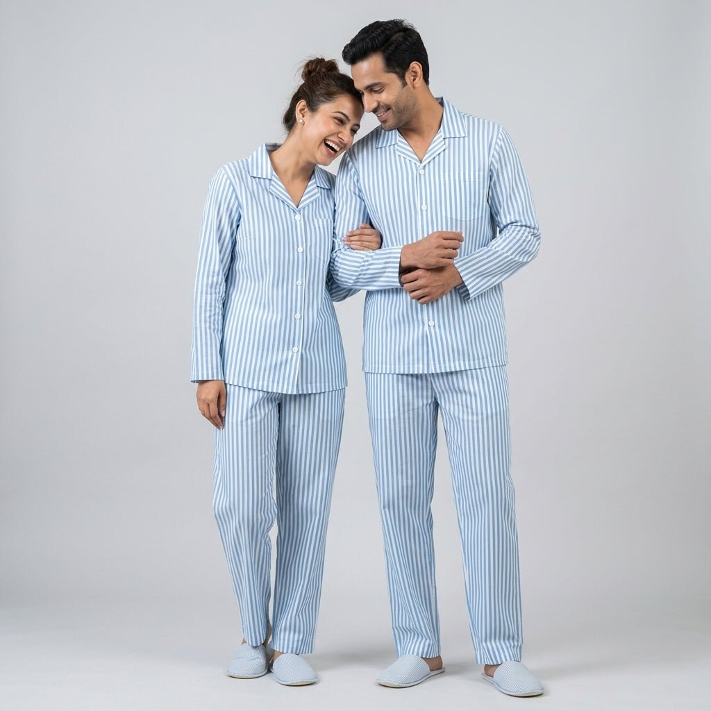 Pajama Tribe Aqua Blue Classic Stripes matching couple pajamas