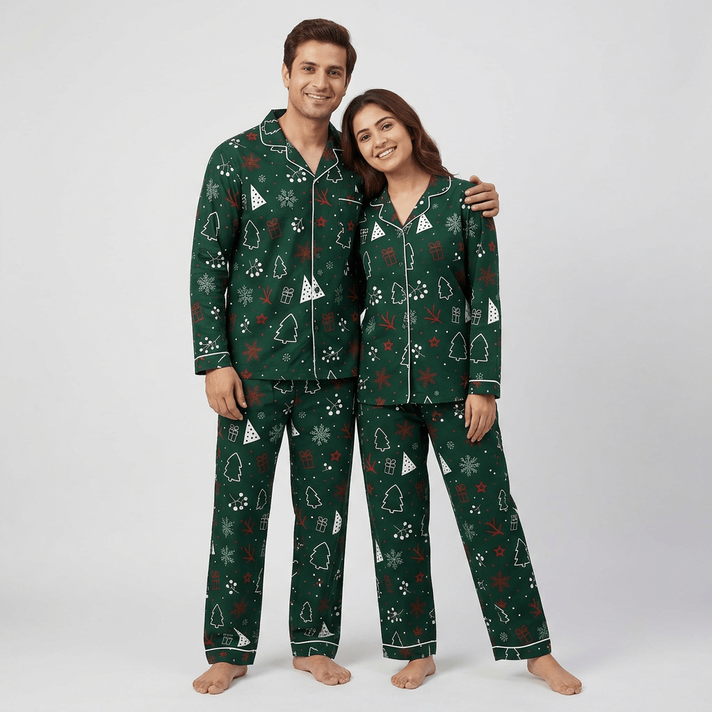 Him and her twinning in Winter Wonderland full-sleeve night suit by Pajama Tribe